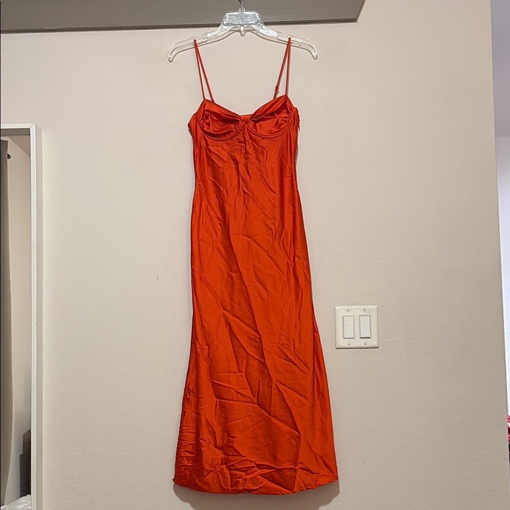 ASTR the Label Mariela Satin Midi Dress in Tangerine SZ S NWOT